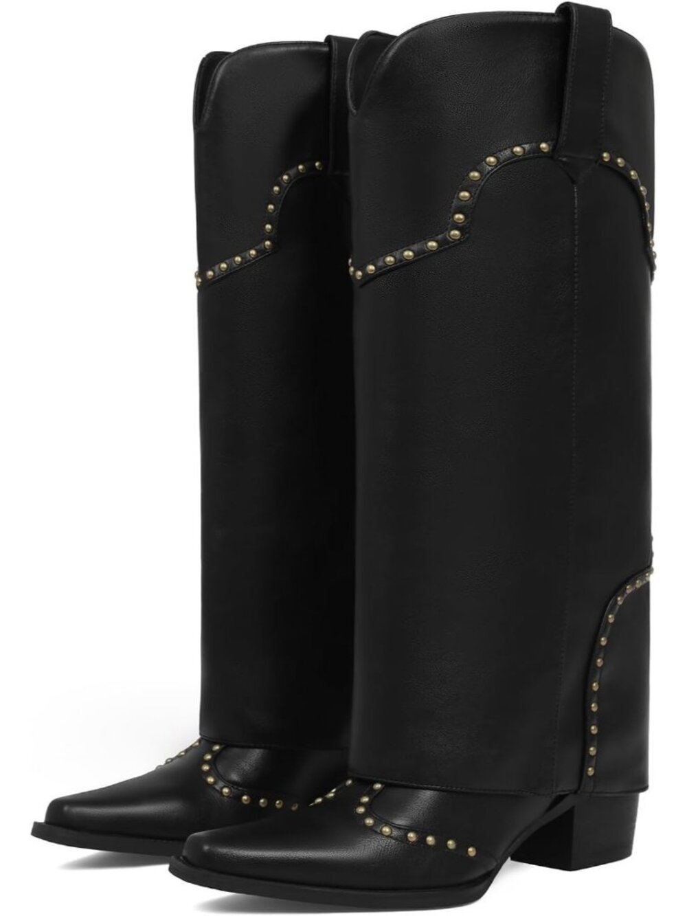 Women's Black Polyurethane (PU) Studded Fold Over Knee High Chunky Heel Boot